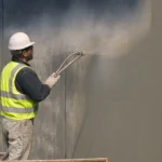 Specialist care aplică o membrană hidroizolantă pe un perete din beton